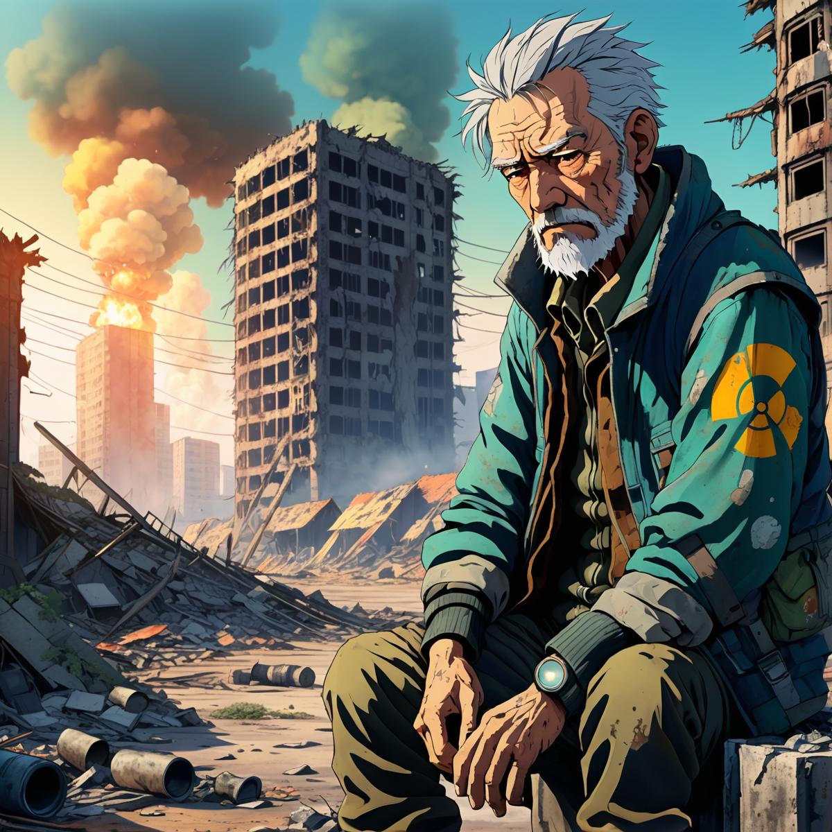 anime artwork ((drawing:1.5)), 2D, sad old man in a post apocalyptic destroyed city after nuclear blast, newdawn, closeup ...